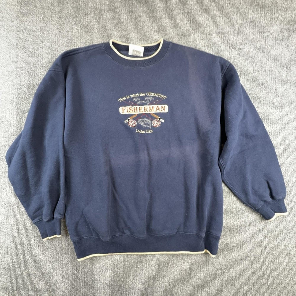 Mc Sport Sweatshirt Mens XL Blue Fisherman Graphic Crewneck Fleece Pullover